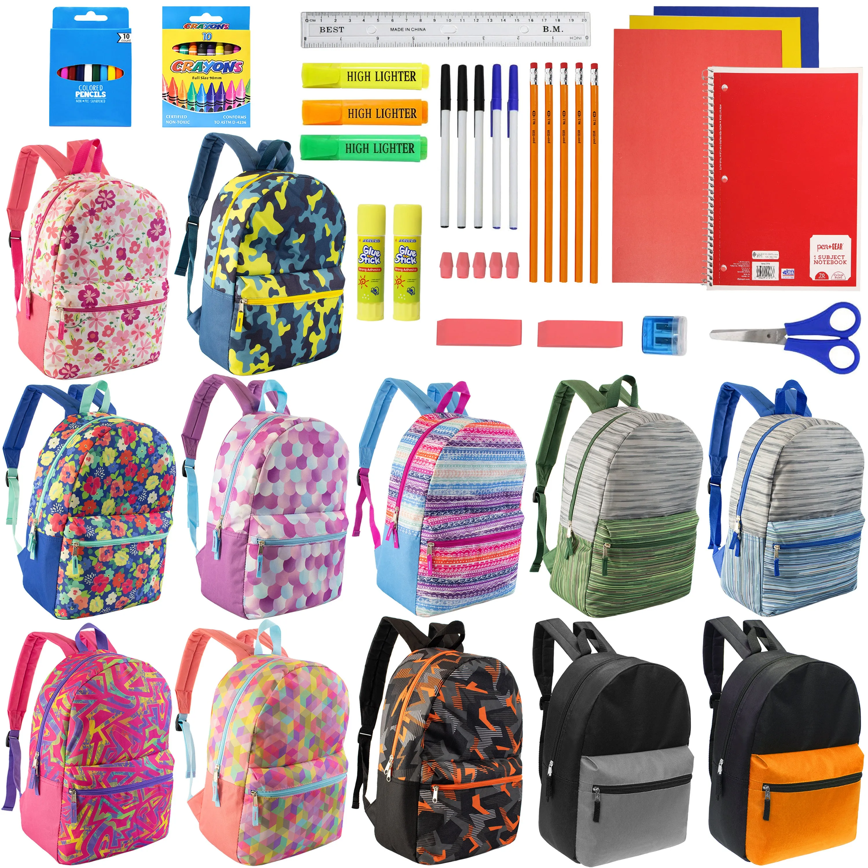 12 Wholesale 17" Backpacks in Assorted Designs & 12 Bulk School Supply Kits of Your Choice