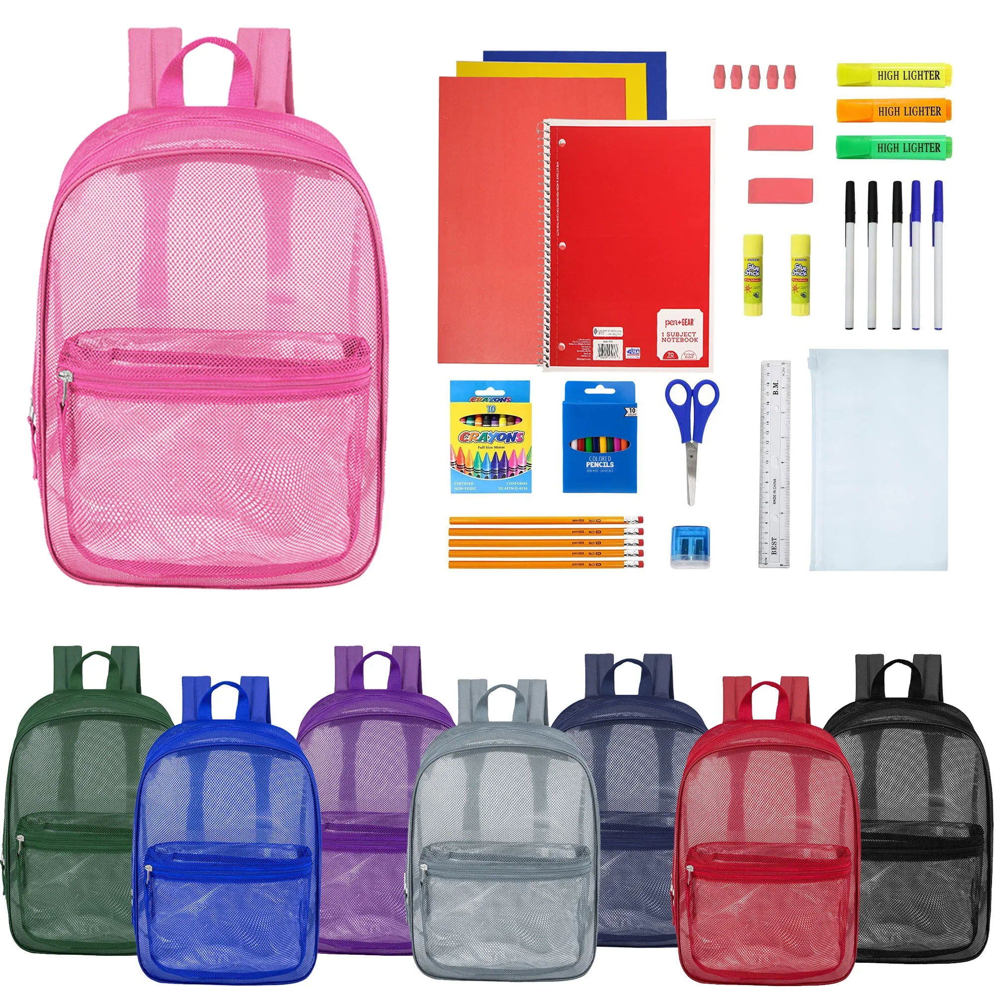 12 Wholesale 17" Mesh Backpacks in Assorted Colors & 12 Bulk School Supply Kits of Your Choice