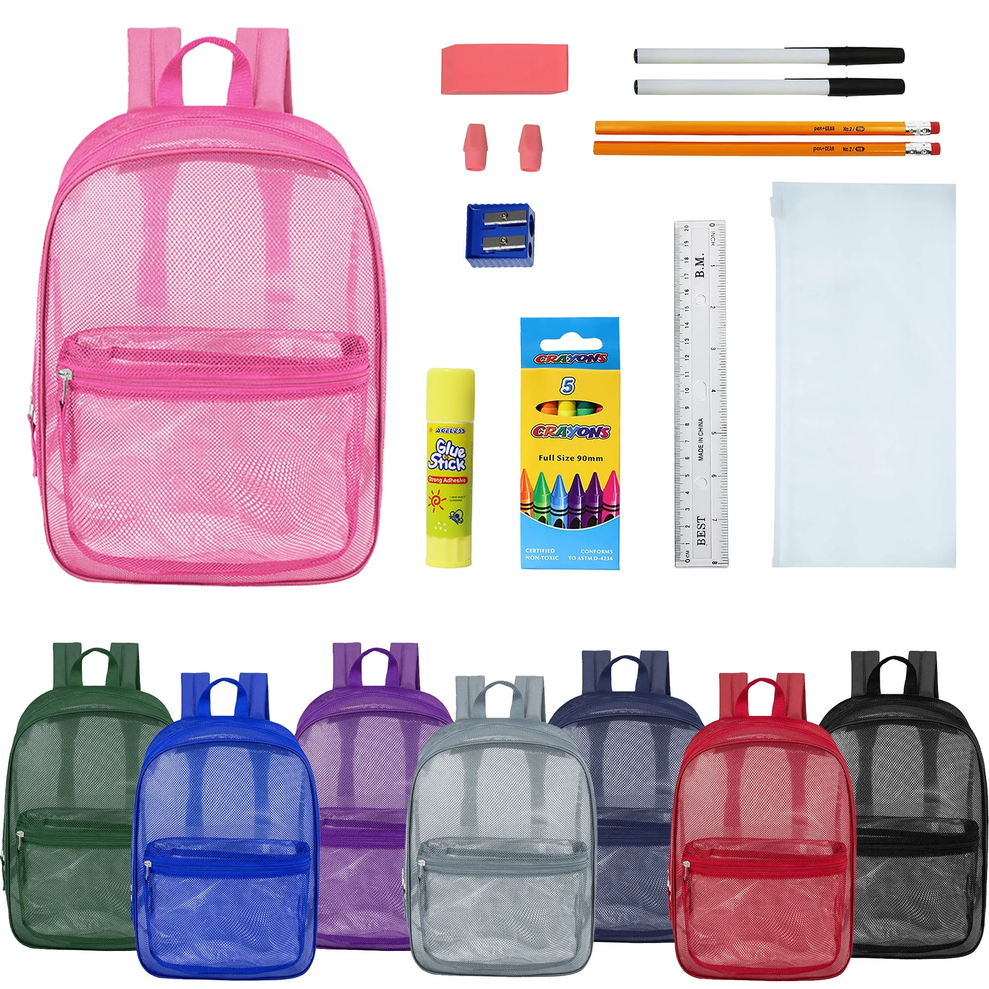 12 Wholesale 17" Mesh Backpacks in Assorted Colors & 12 Bulk School Supply Kits of Your Choice