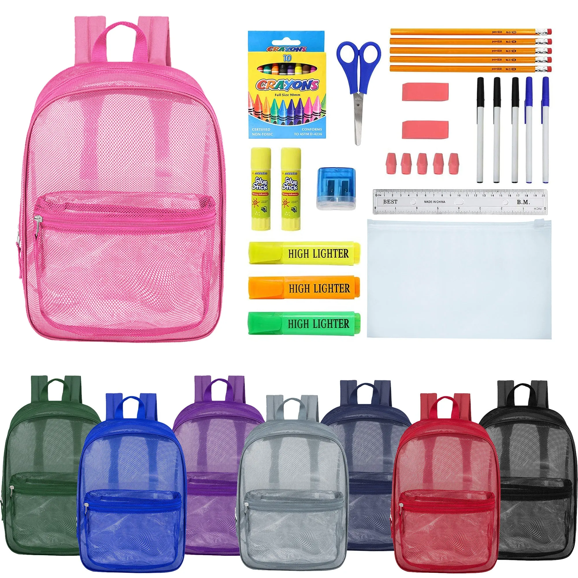 12 Wholesale 17" Mesh Backpacks in Assorted Colors & 12 Bulk School Supply Kits of Your Choice