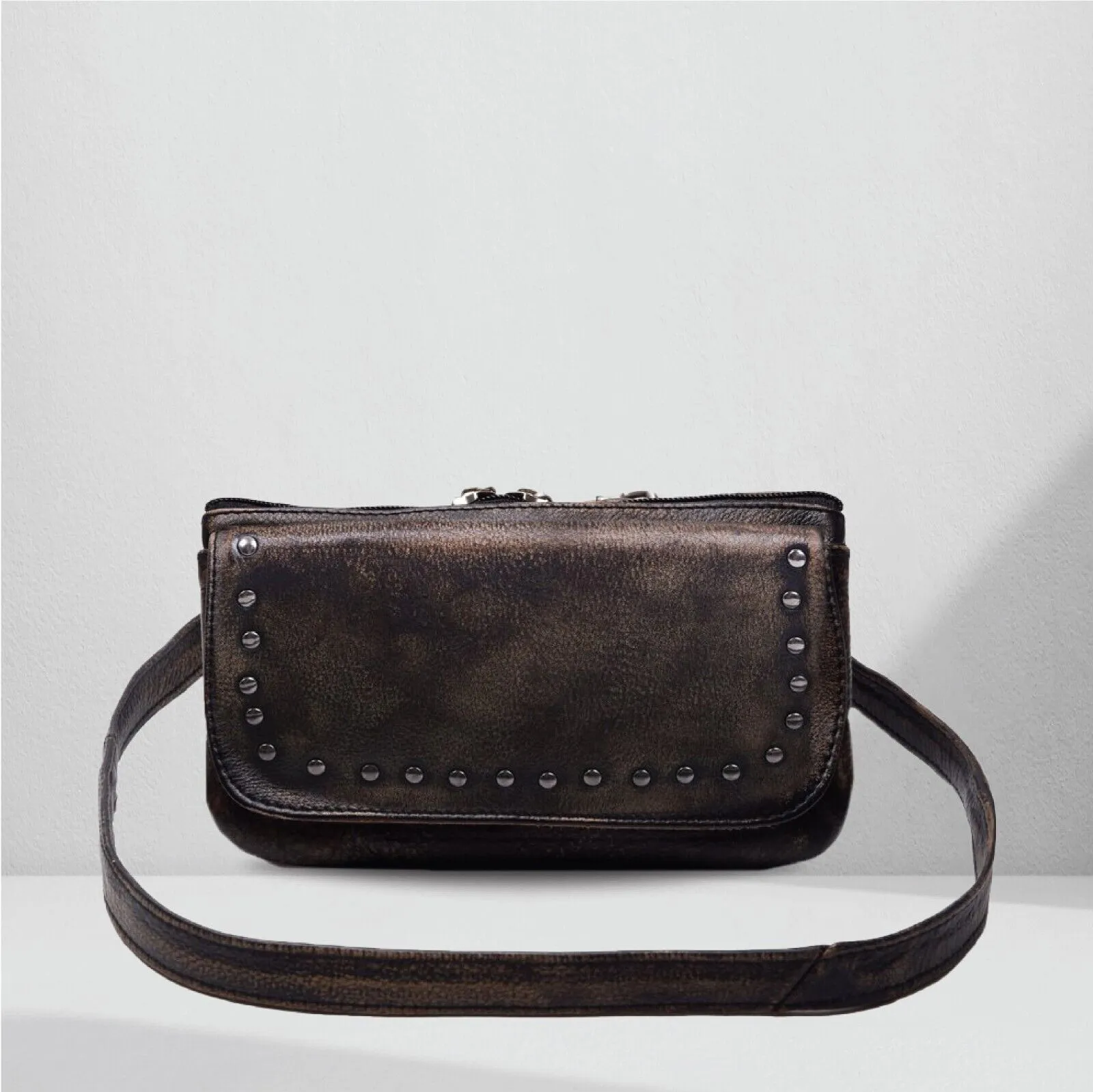 2151DIS.BROWN Leather HipClip Purse Bag Women Waist Fanny Pack Motorcycle Distressed BROWN