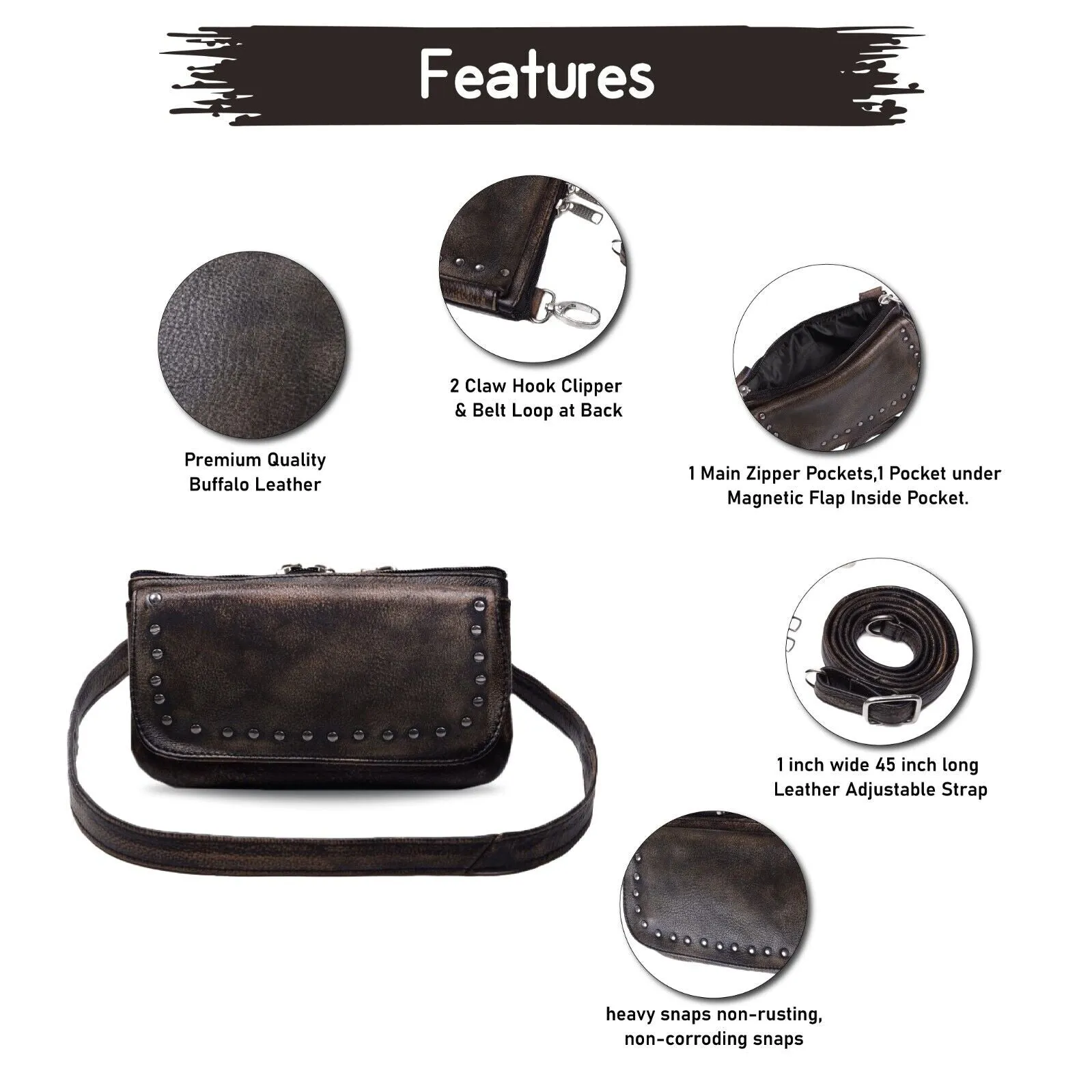 2151DIS.BROWN Leather HipClip Purse Bag Women Waist Fanny Pack Motorcycle Distressed BROWN