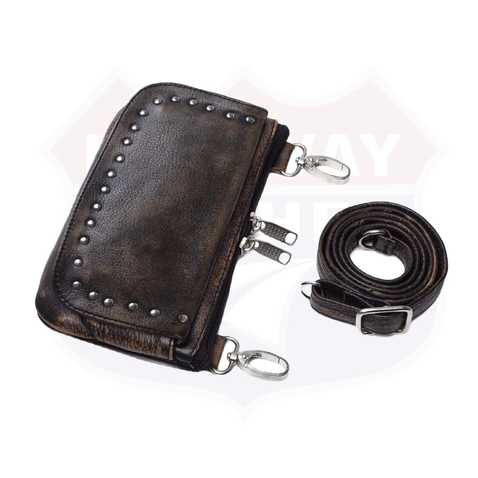 2151DIS.BROWN Leather HipClip Purse Bag Women Waist Fanny Pack Motorcycle Distressed BROWN