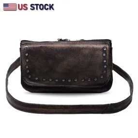 2151DIS.BROWN Leather HipClip Purse Bag Women Waist Fanny Pack Motorcycle Distressed BROWN