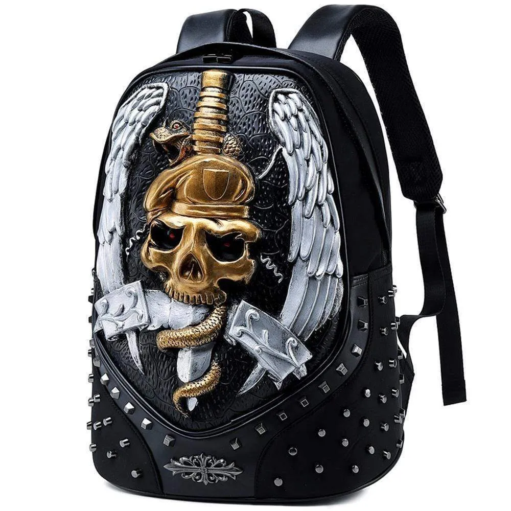 3D Backpack ,Studded Halloween 3D Elf With Sword Faux Leather Rivets Studded Travelling Computer Bags