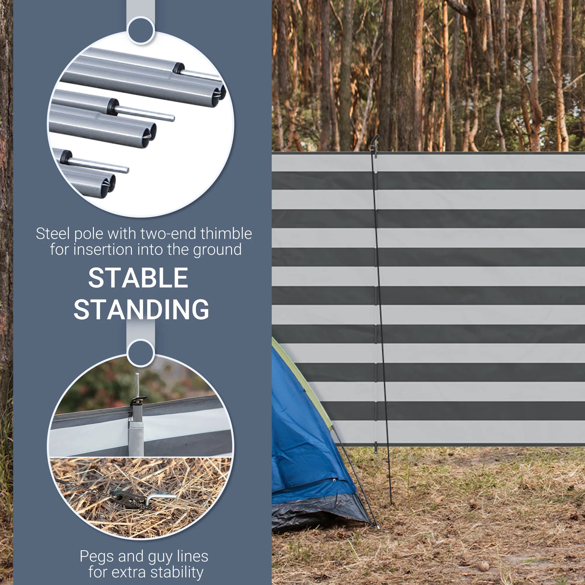 5 Pole Camping Windbreaks, Beach Wind Shield Shelter w/ Carry Bag and Steel Poles, Caravan Privacy Shield, 540cm x 150cm, Grey