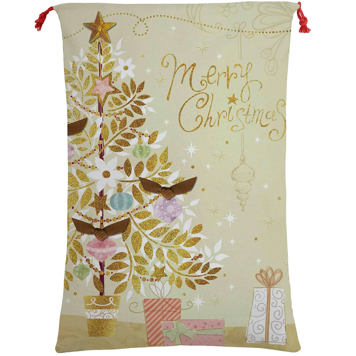 50x70cm Canvas Hessian Christmas Santa Sack Xmas Stocking Reindeer Kids Gift Bag, Merry Christmas Golden Tree