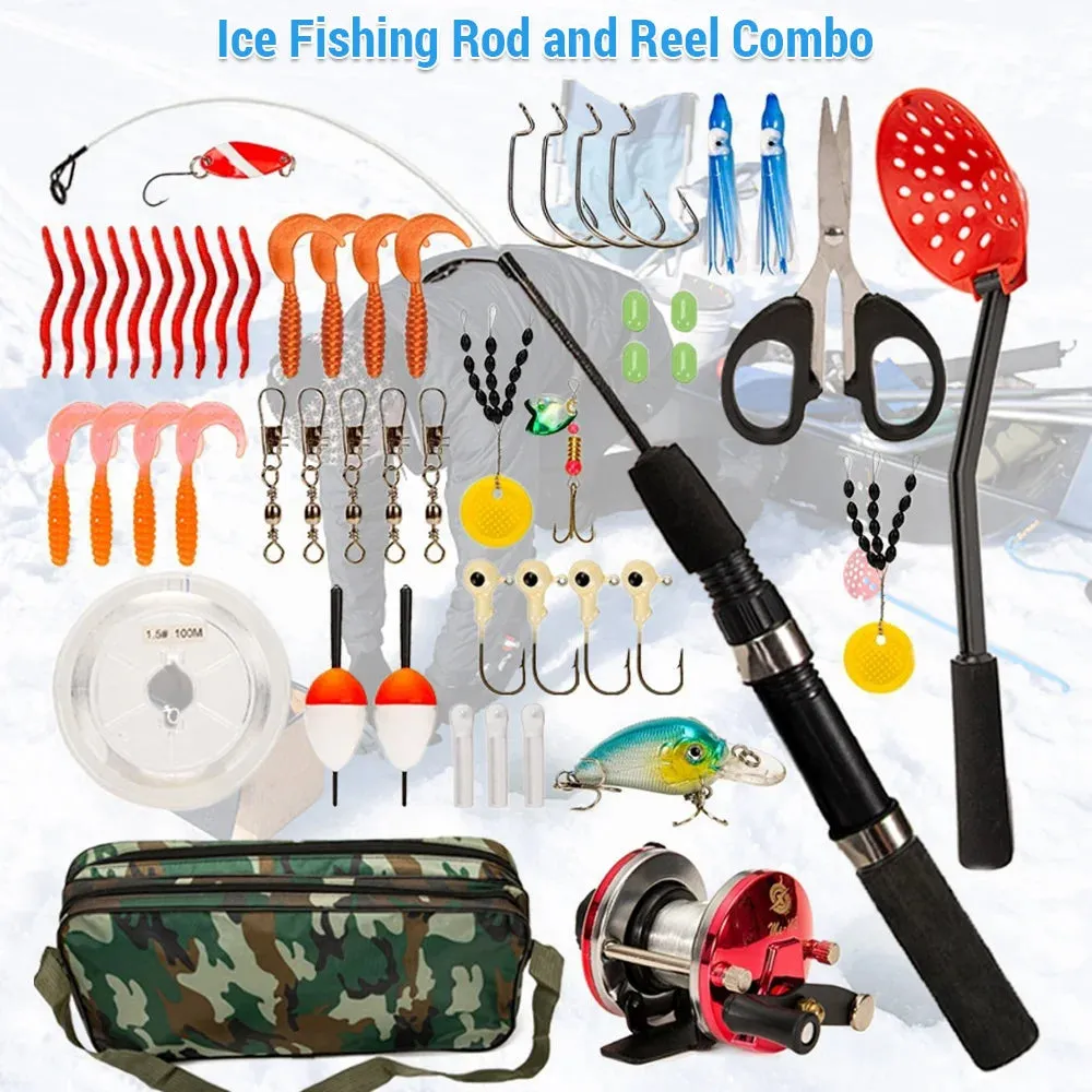 52pcs Ice Fishing Gear Set Ice Fishing Rod and Reel Combo with Ice Fishing Scoo p Ice Fishing Hook Fishing Lures