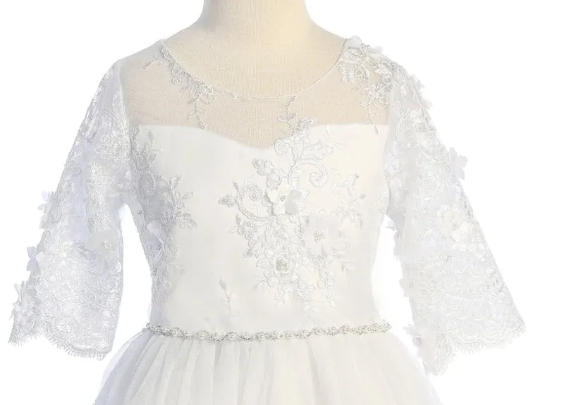 558- Flower and Pearl Lace Illusion First Communion or Flower Girl Dress