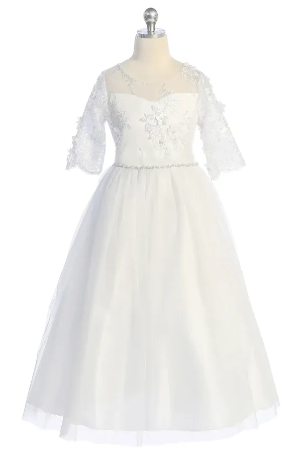 558- Flower and Pearl Lace Illusion First Communion or Flower Girl Dress