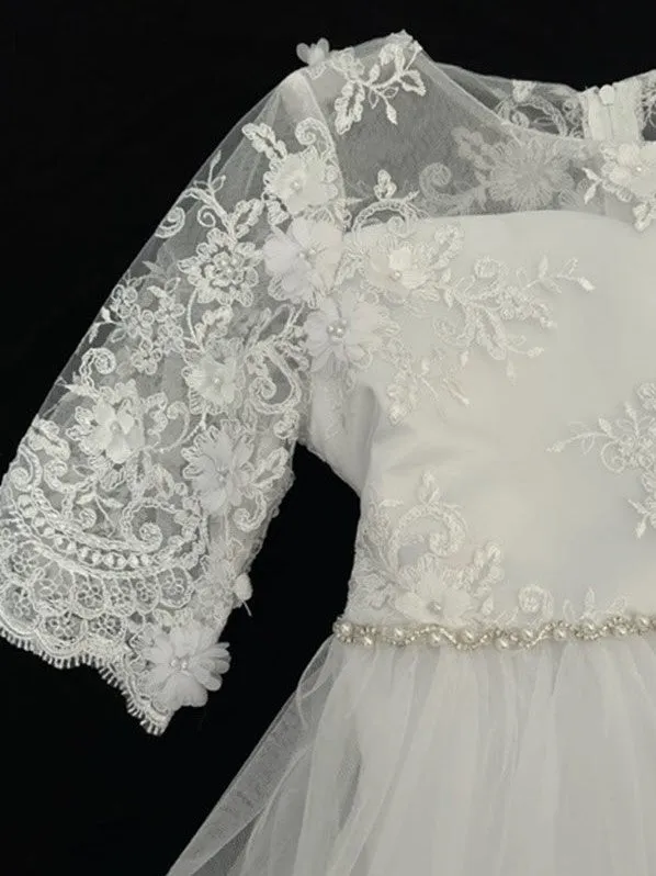 558- Flower and Pearl Lace Illusion First Communion or Flower Girl Dress