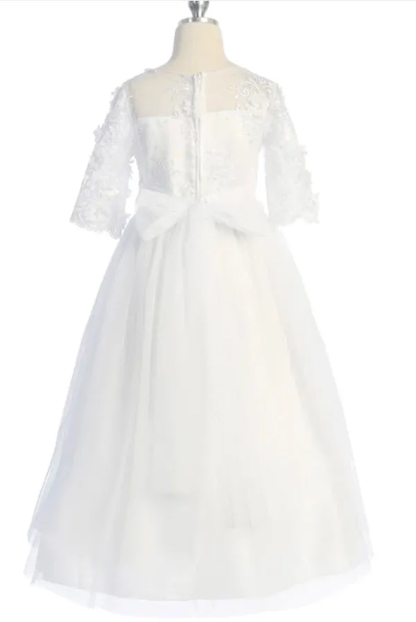 558- Flower and Pearl Lace Illusion First Communion or Flower Girl Dress