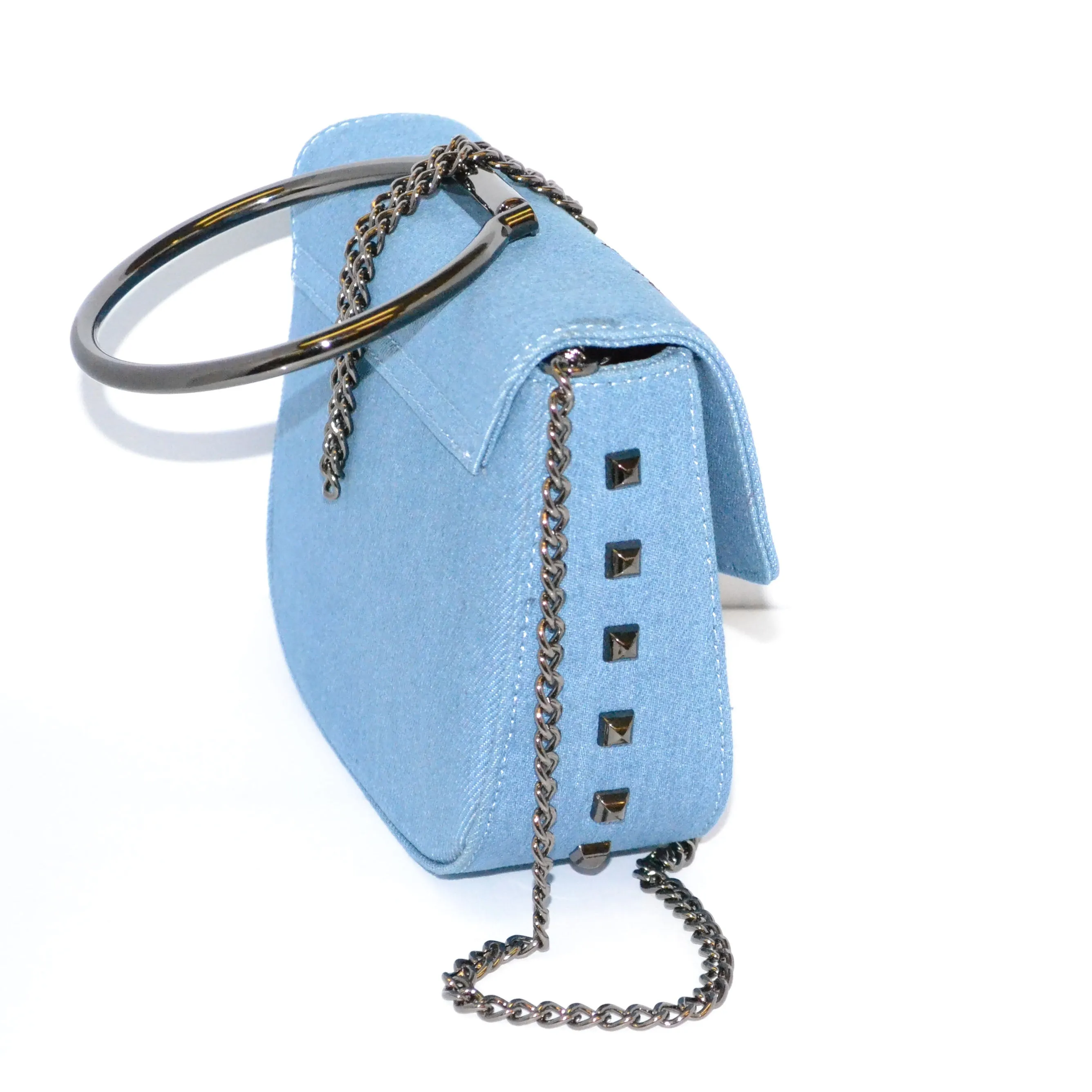 ABERMAIN - Denim Chain Ring Clutch Bag With Embroidery