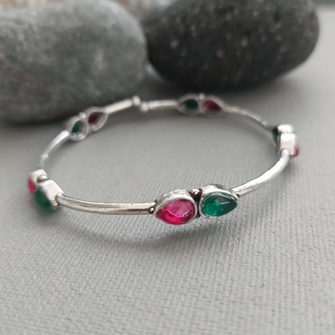 Adjustable Bracelet: Green and Pink Silver Toned Bracelet