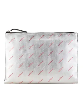 Allover Logo Leather Clutch with Metallic Finish and Top Zip Closure