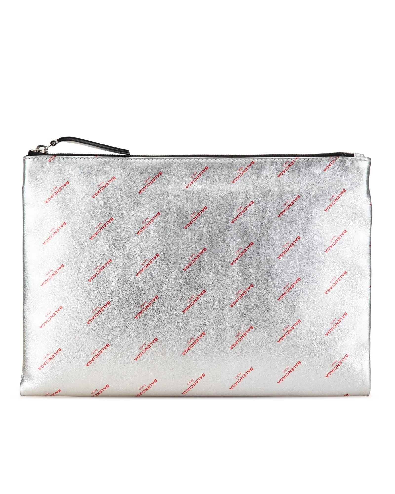 Allover Logo Leather Clutch with Metallic Finish and Top Zip Closure