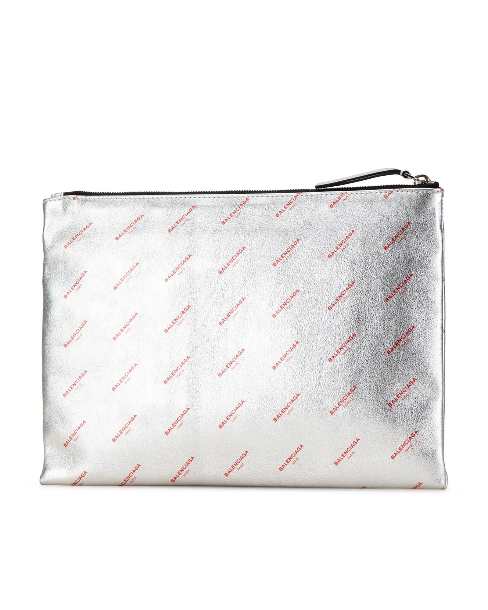 Allover Logo Leather Clutch with Metallic Finish and Top Zip Closure