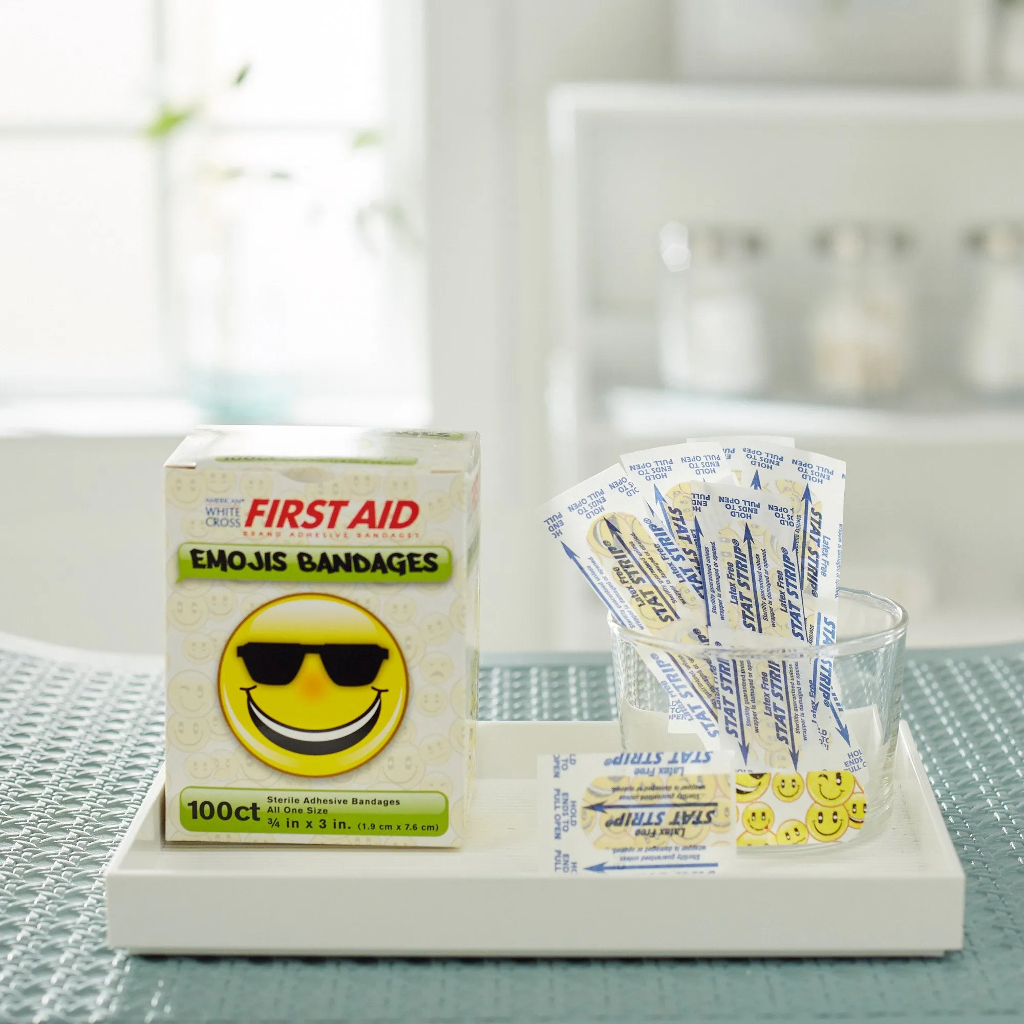 American® White Cross First Aid Emojis Kid Design Adhesive Strip, ¾ x 3 Inch