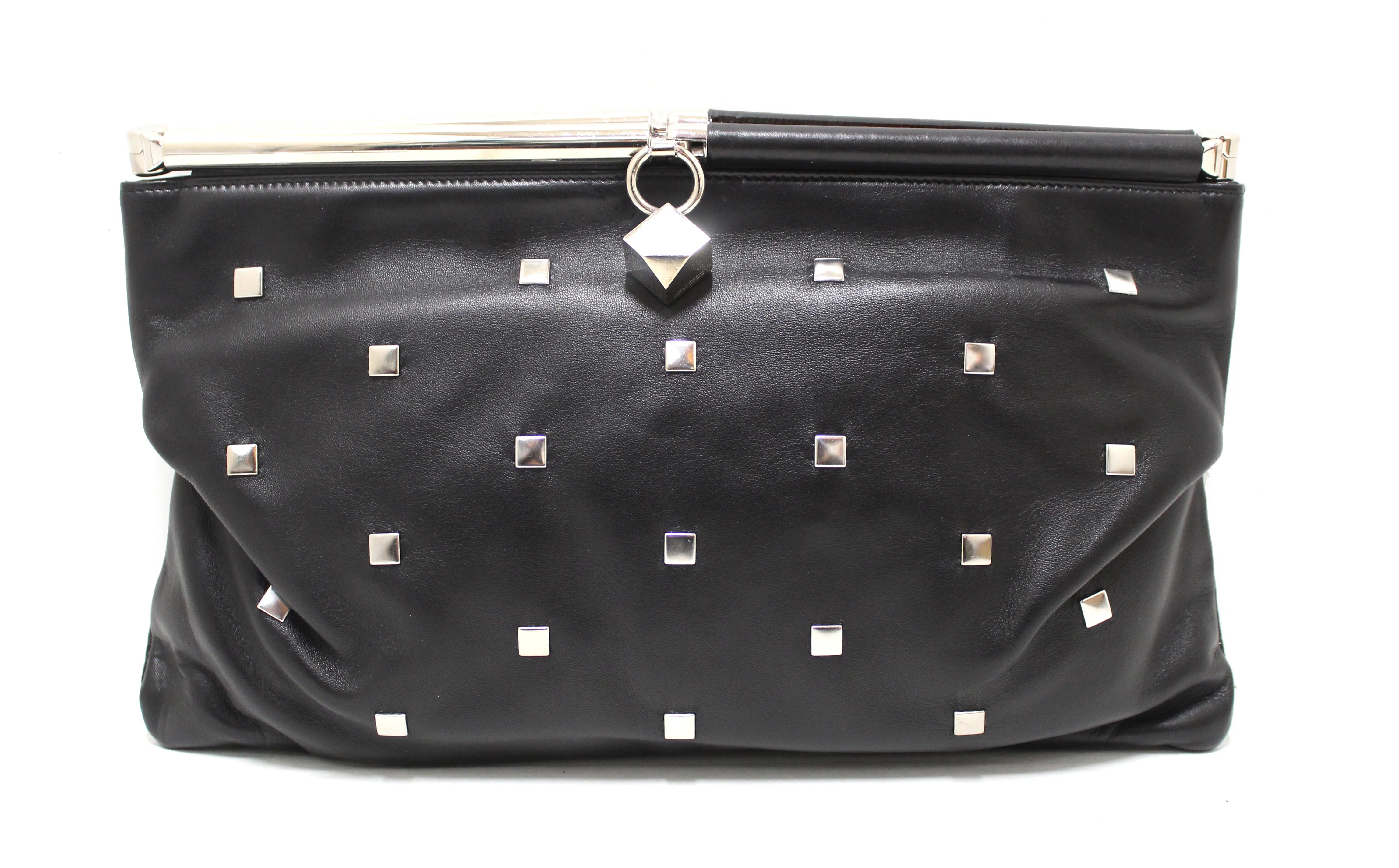 Authentic Jimmy Choo Black Square Studded Nappa and Patent Leather Clutch