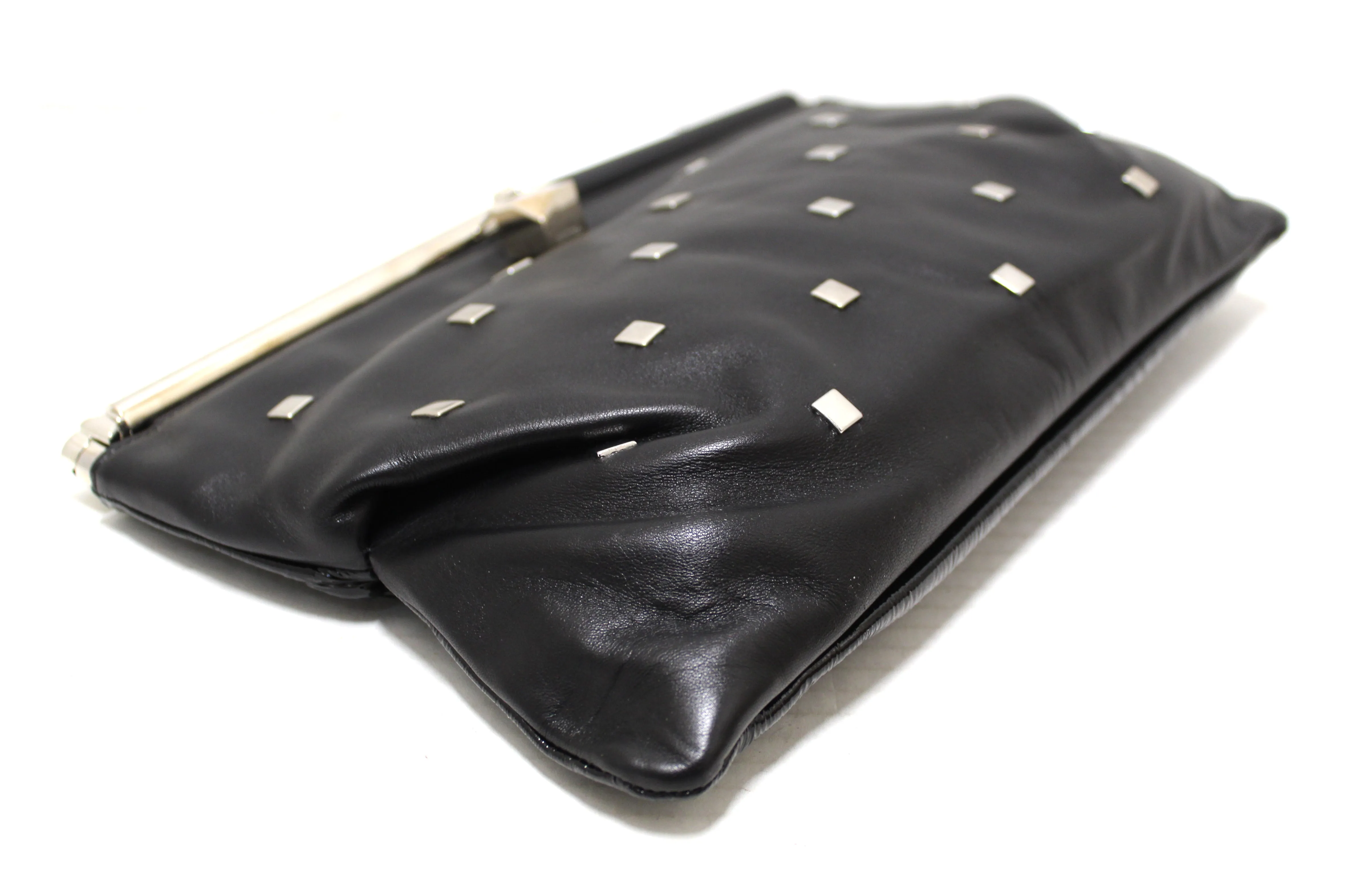 Authentic Jimmy Choo Black Square Studded Nappa and Patent Leather Clutch