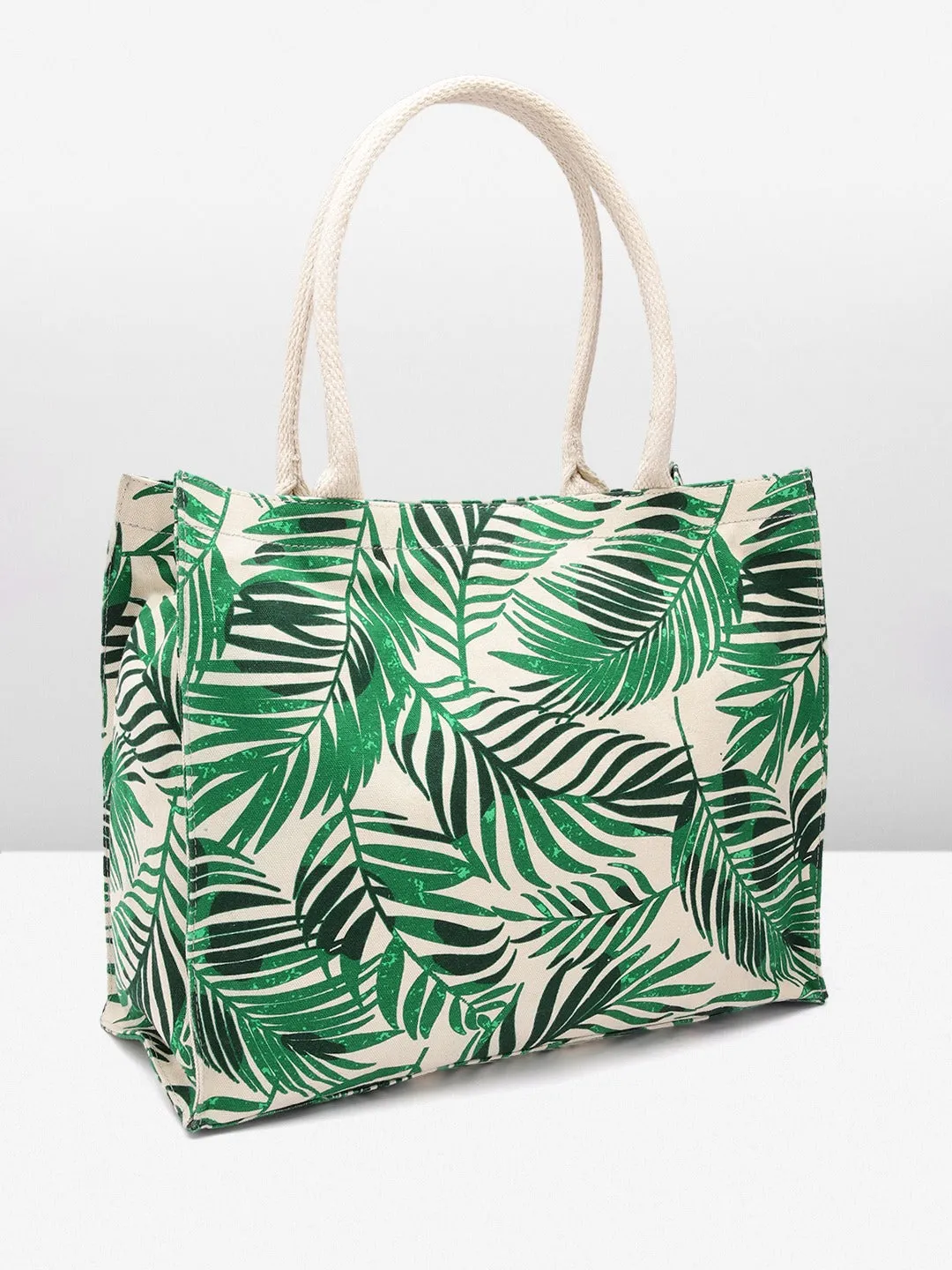 Berrylush Women Green & White Floral Printed Fabric Two Handle Shopper Regular Tote Bag