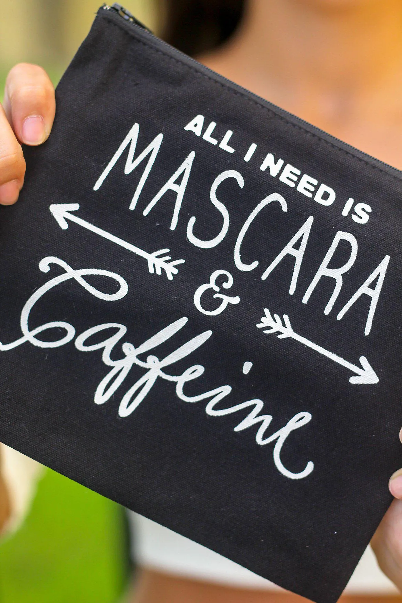 Black "All I Need is Mascara & Caffeine" Makeup Bag