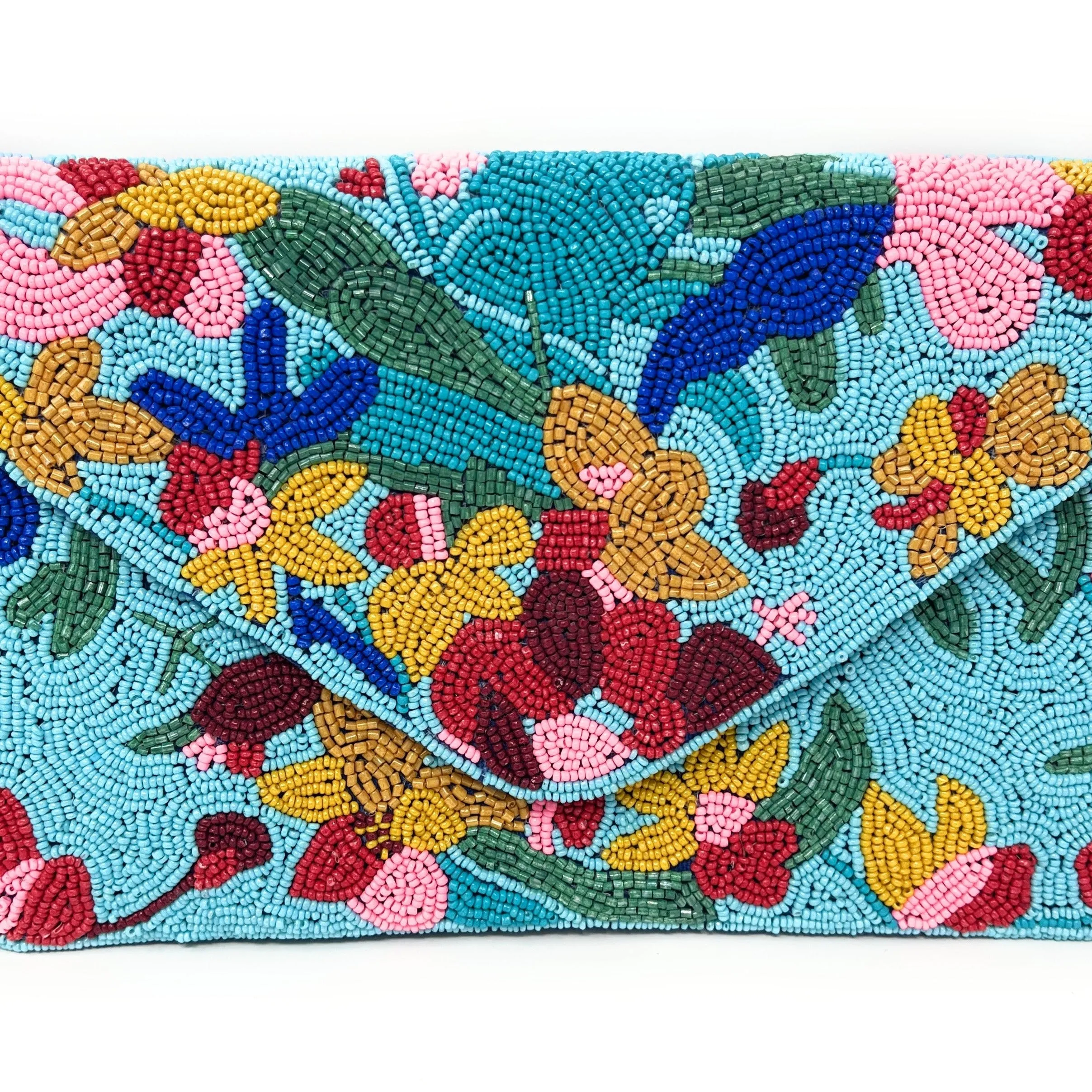 Blue Floral Beaded Clutch Purse