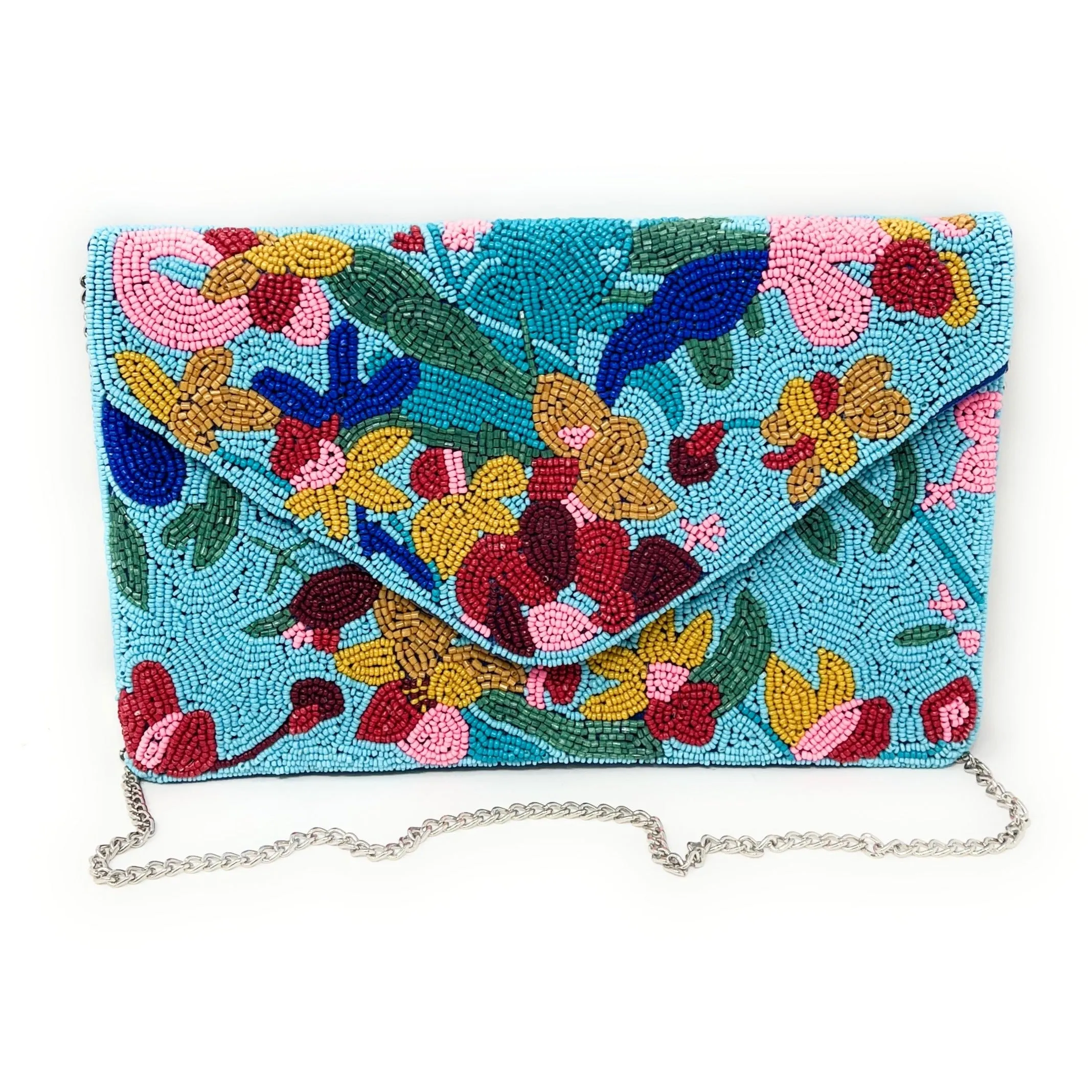 Blue Floral Beaded Clutch Purse