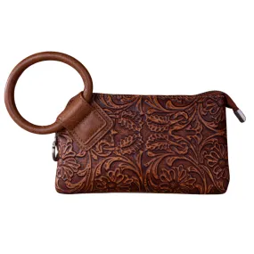 Brown Floral Tooled Ring Handle Wristlet Clutch Bag - MW1260-B181BR