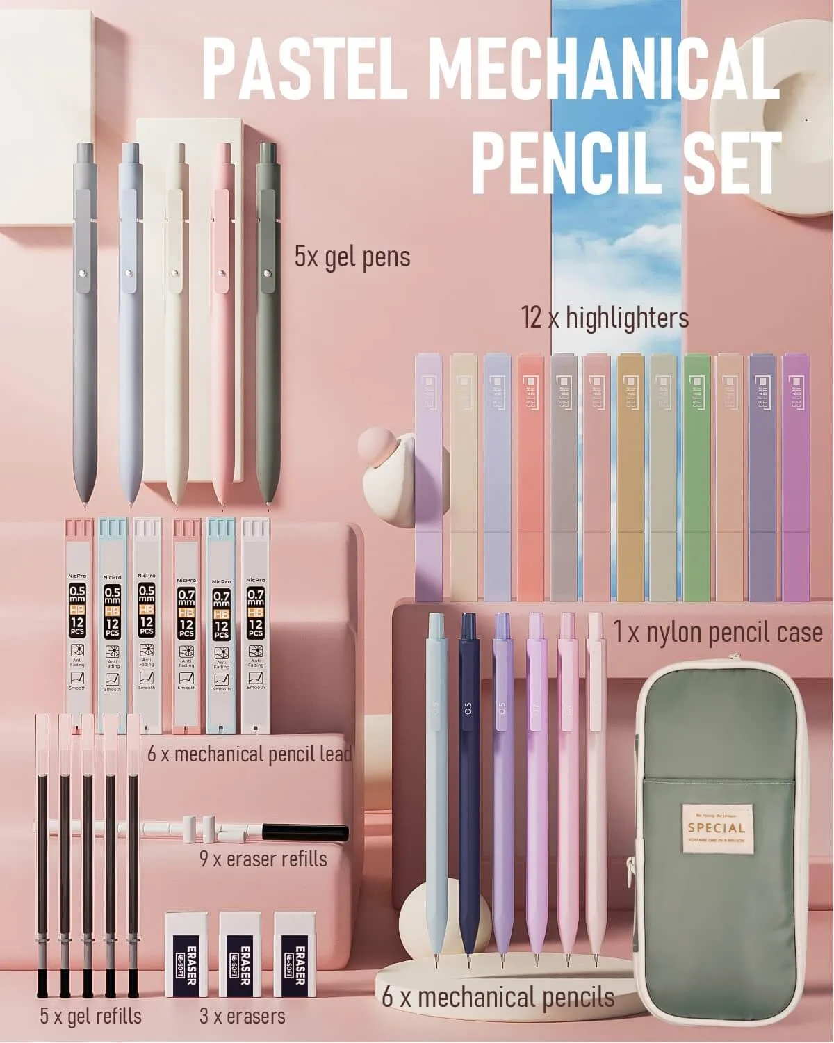 Charming Creations: Aesthetic School Supplies Set with Spacious Pen Case (39 Pcs)