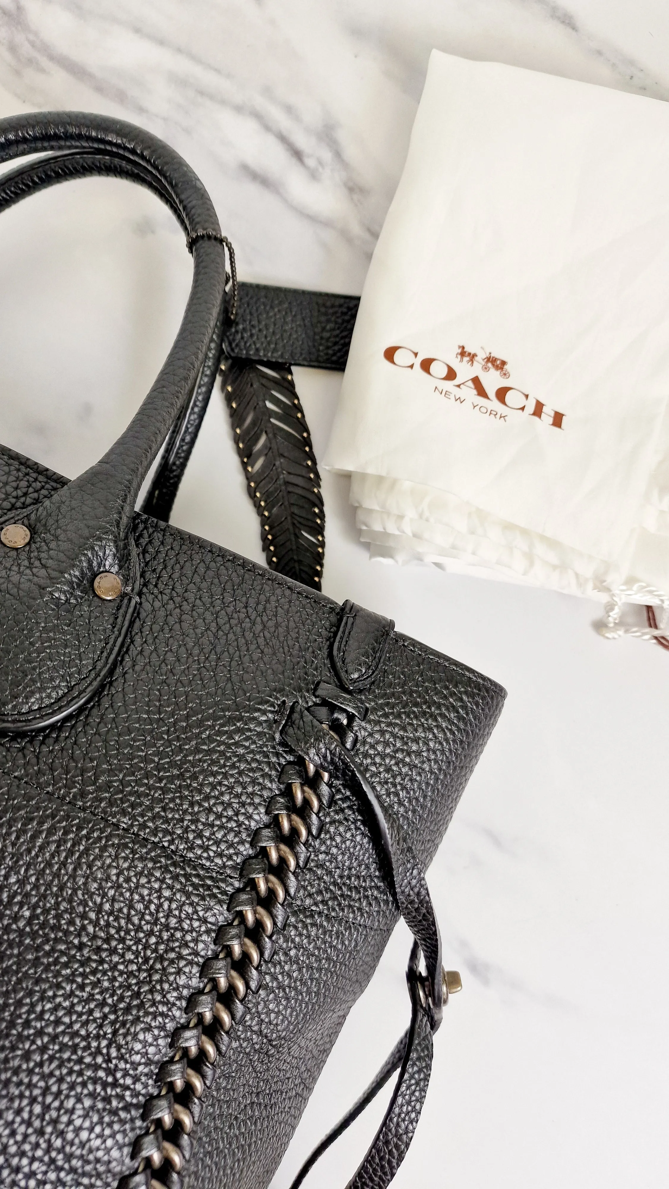 Coach Tatum Tall Tote in Black Pebble Leather with Whiplash Detail & Feather Charm - Large Black Shoulder Bag - Coach 33916