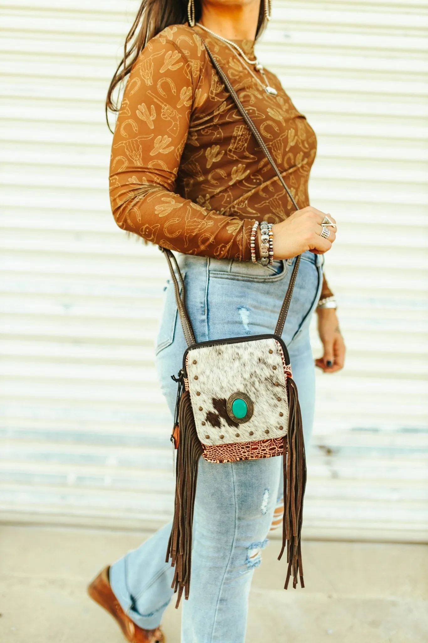 Cowhide Concho Fringed Leather Crossbody Bag