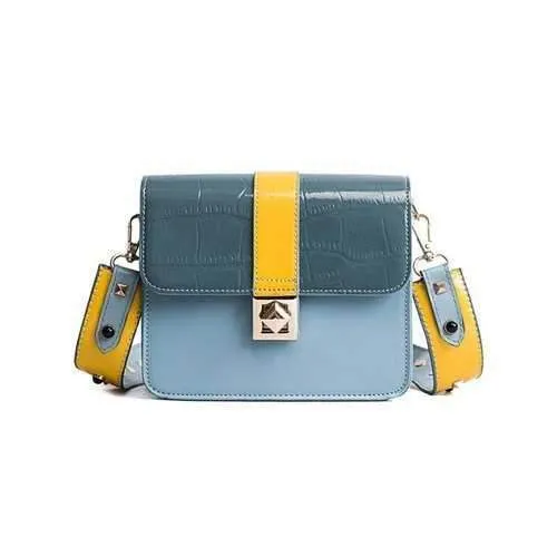 Crocodile Pattern Color Block Studded Rivet Crossbody Bag - Blue Koi