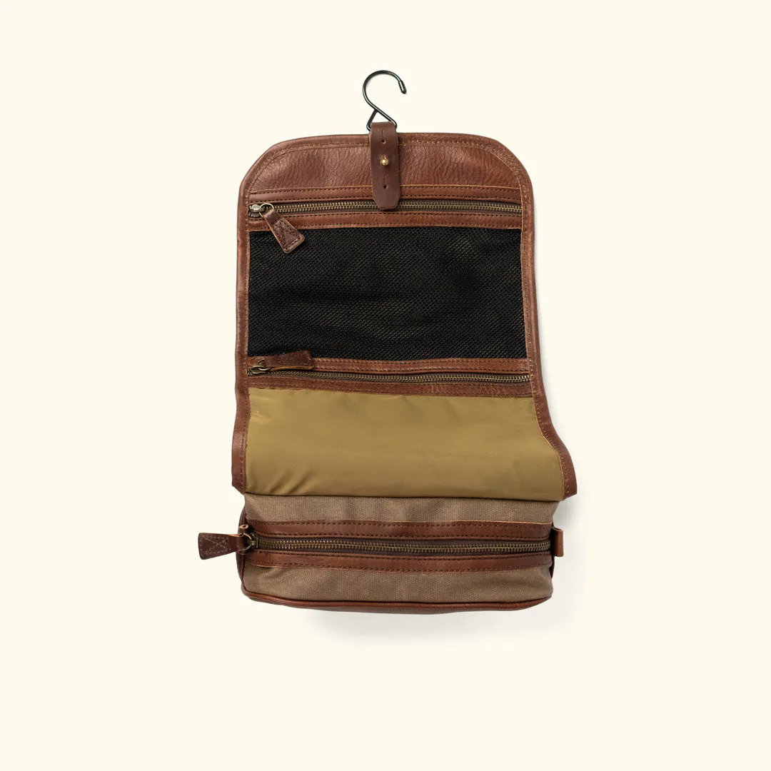 Dakota Waxed Canvas Hanging Toiletry Bag/Dopp Kit | Field Khaki w/ Chestnut Brown Leather