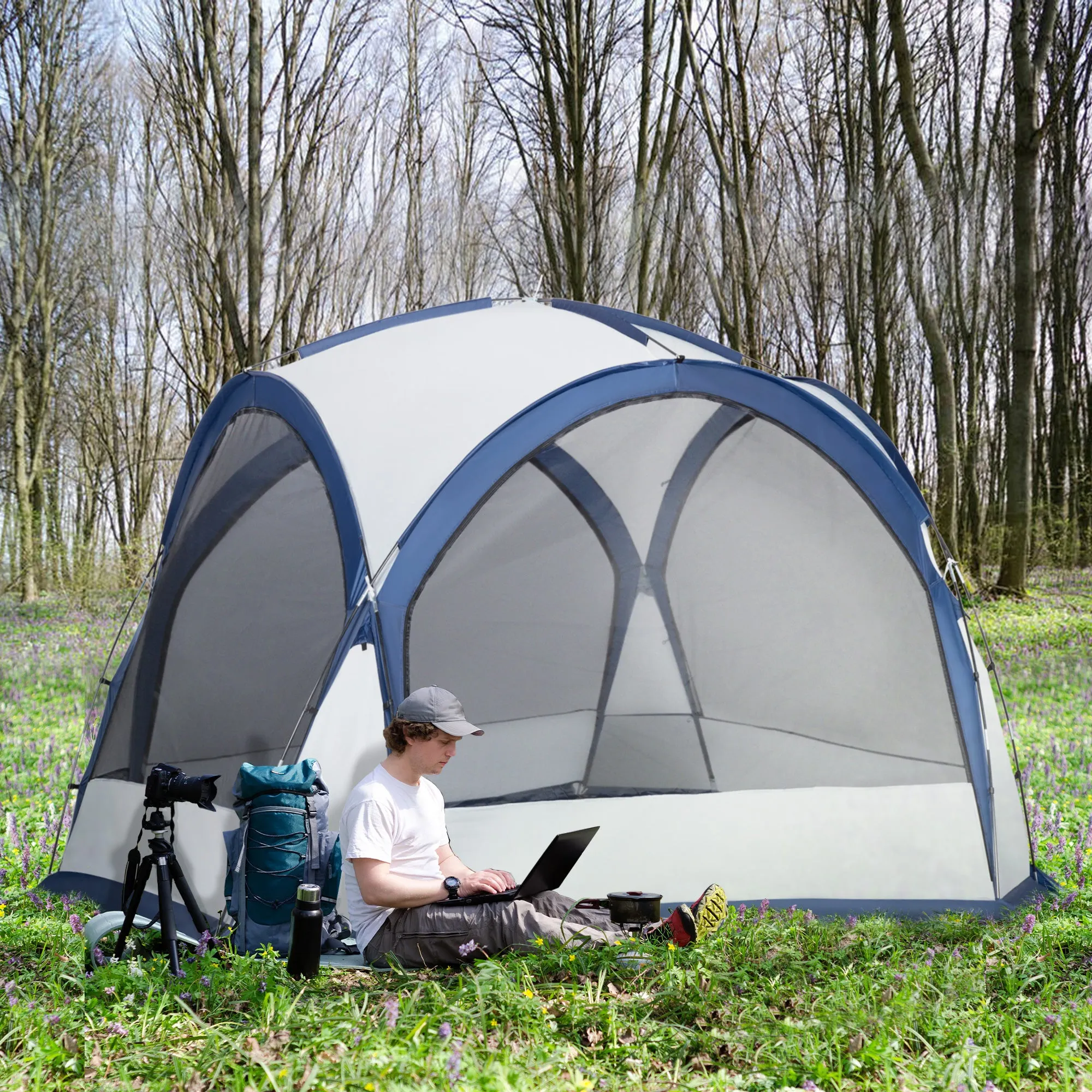 Dome Tent for 6-8 Person, Camping Tent with 4 Zipped Mesh Doors, Removable Polyester Cloth, Lamp Hook, Portable Carry Bag, White and Blue