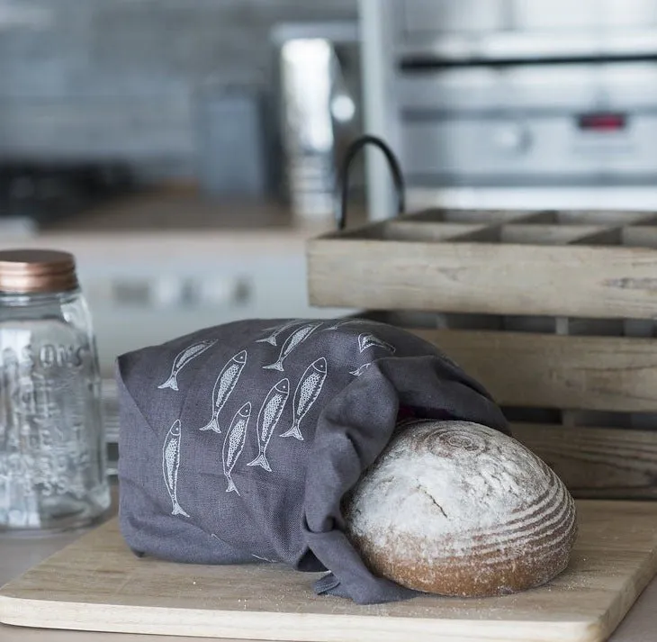 Eco Linen Bread Bag Fish Shoal Design