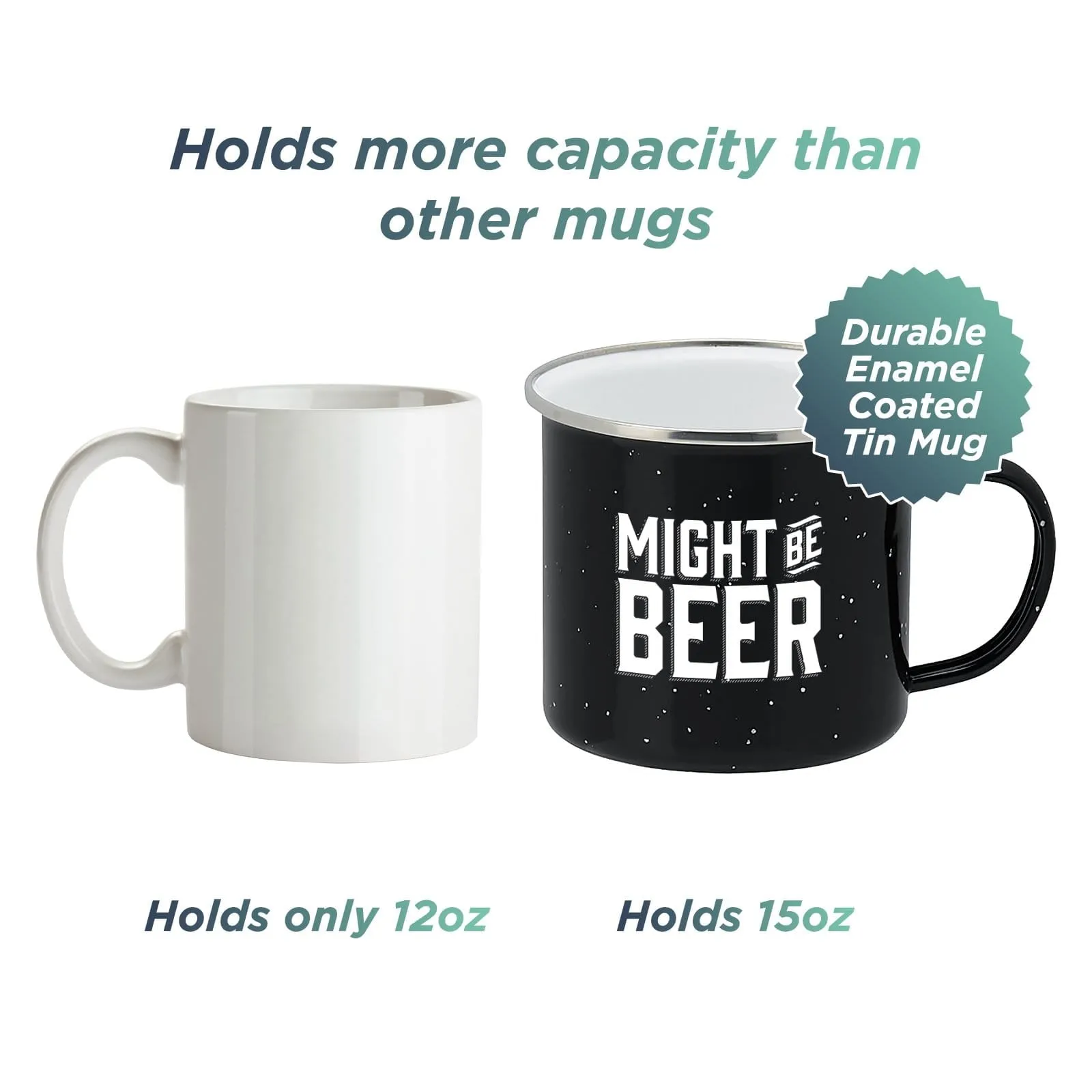 Enamel Camping Coffee Mug "Might Be Beer" Large Tin Cup 15 Ounce , (Midnight Black)