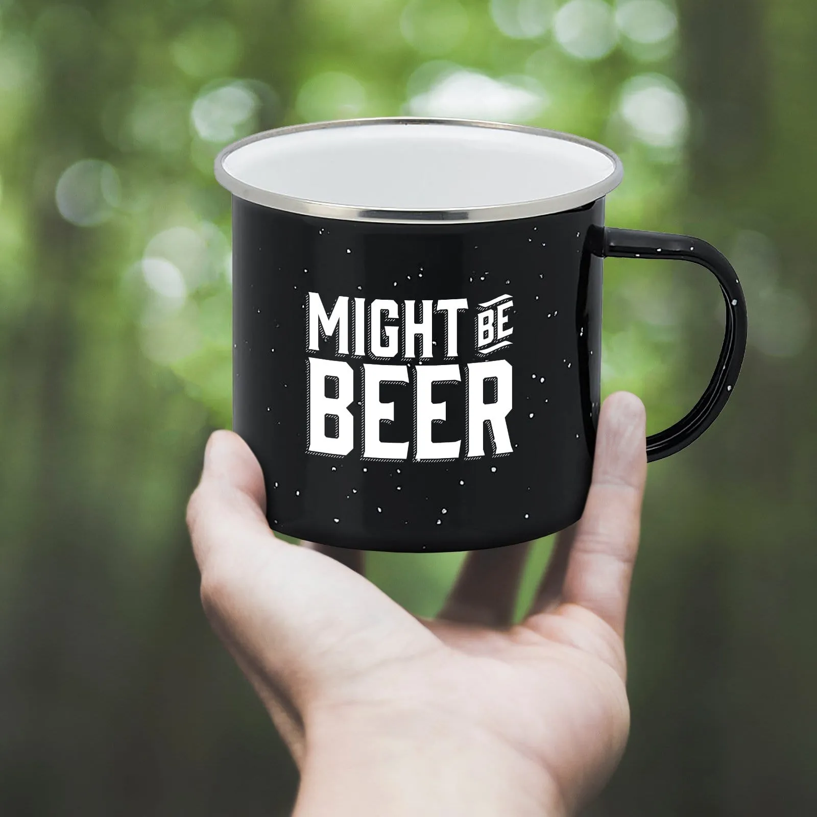 Enamel Camping Coffee Mug "Might Be Beer" Large Tin Cup 15 Ounce , (Midnight Black)