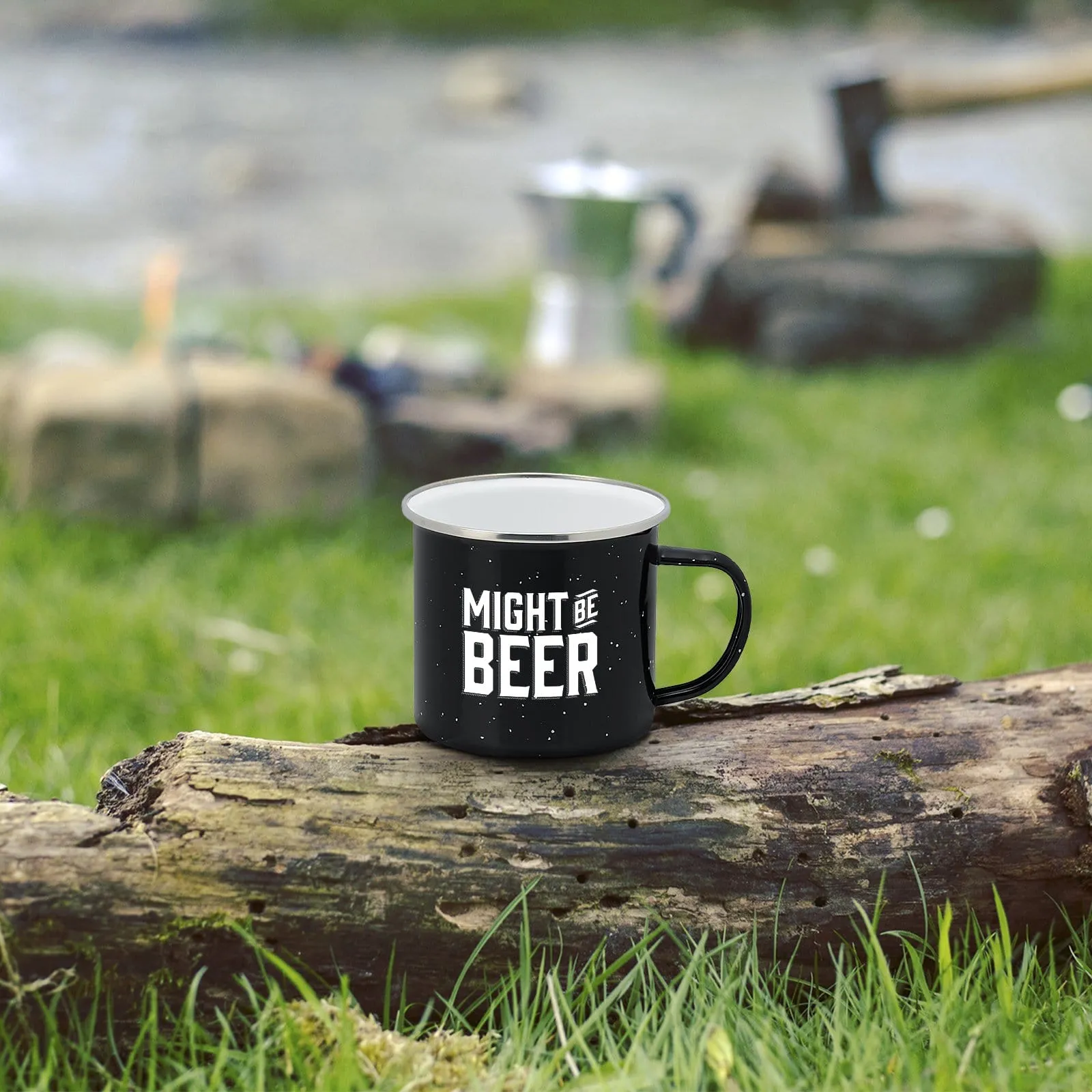 Enamel Camping Coffee Mug "Might Be Beer" Large Tin Cup 15 Ounce , (Midnight Black)