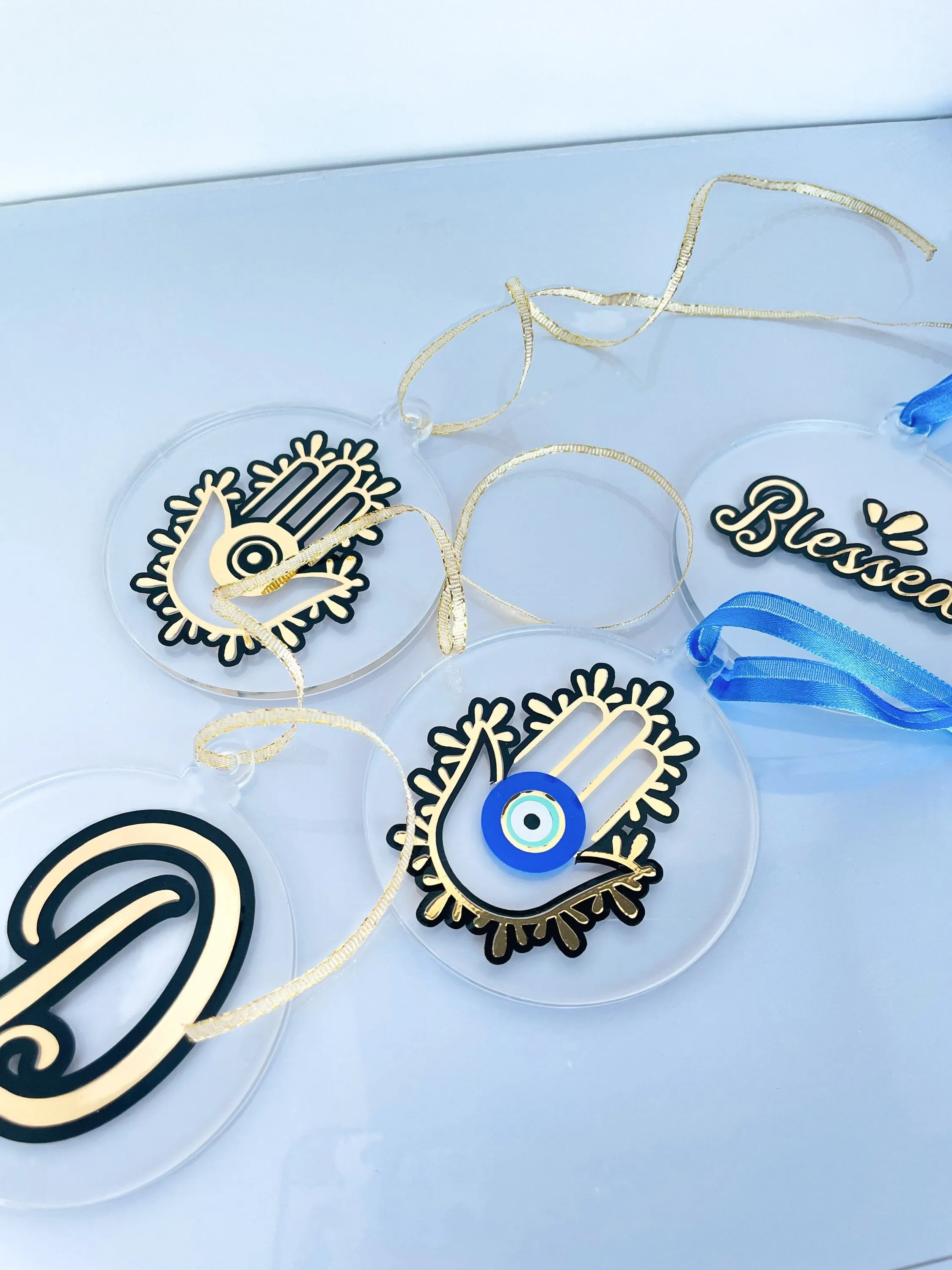 Evil Eye Design Hamsa Hand Ornaments Set Custom Name Ornament Set 4 pcs Acrylic Ornaments