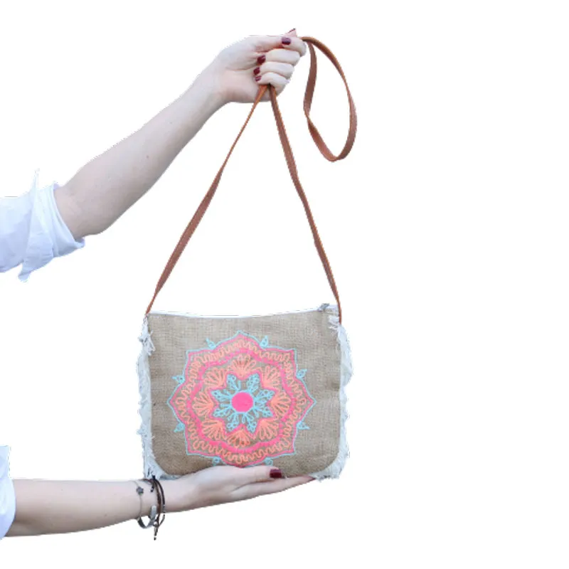 Fab Fringe Bag with Mandela Embroidery - Ethically Made Soft Washed Jute Handbag