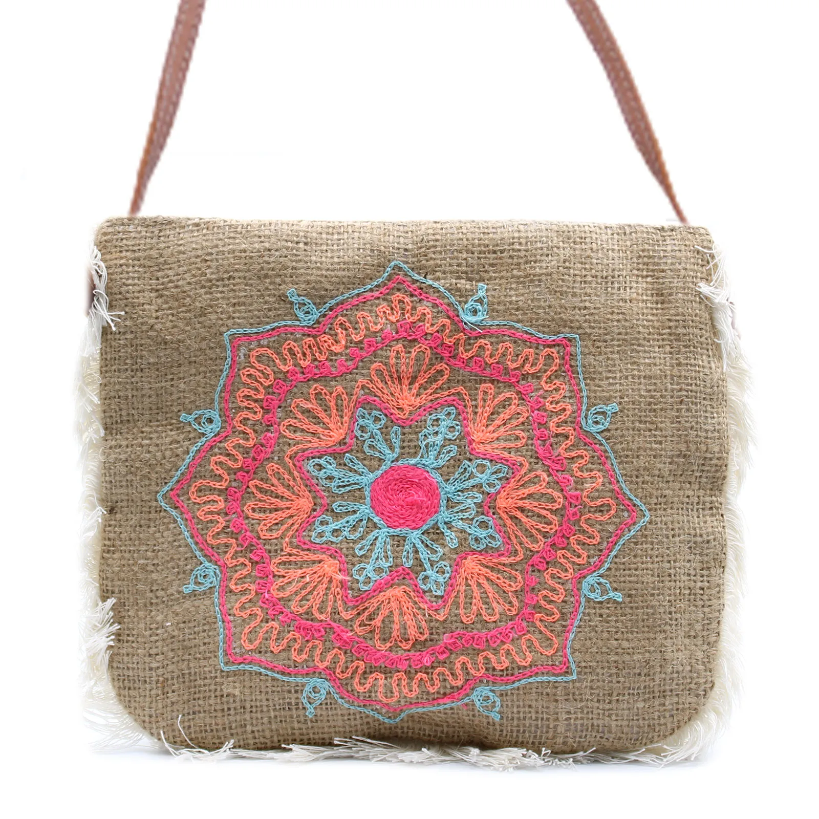 Fab Fringe Bag with Mandela Embroidery - Ethically Made Soft Washed Jute Handbag