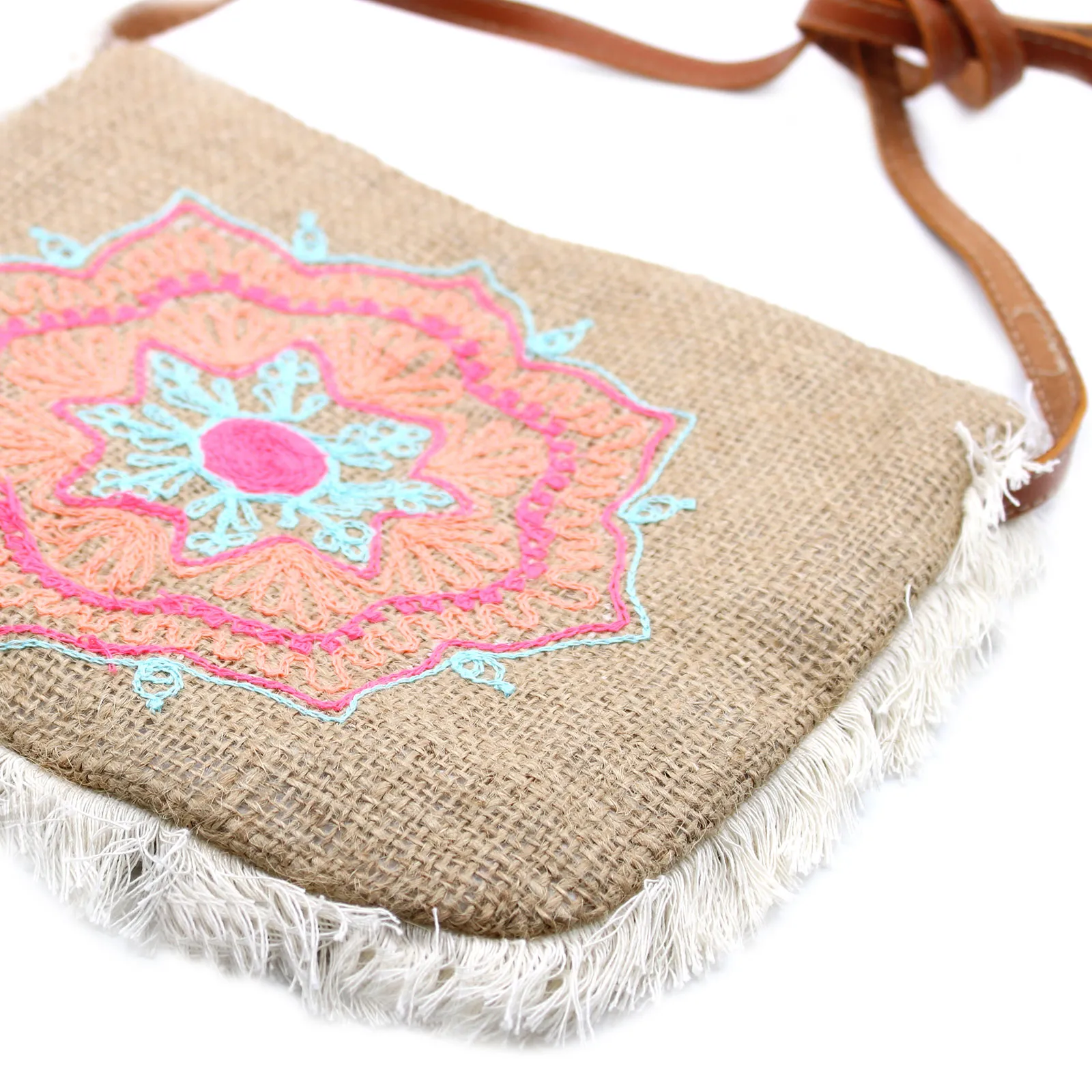 Fab Fringe Bag with Mandela Embroidery - Ethically Made Soft Washed Jute Handbag