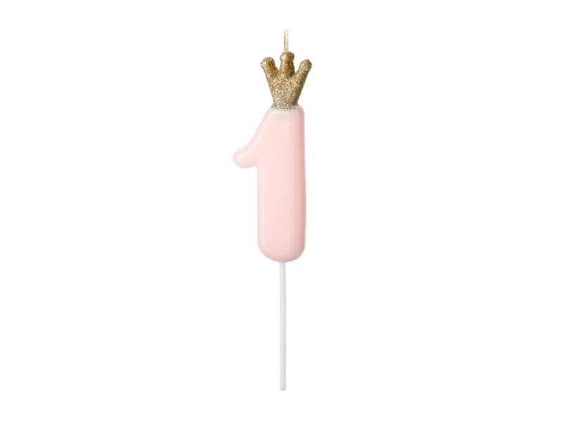 First Birthday Number 1 Light Pink & Gold Crown Candle