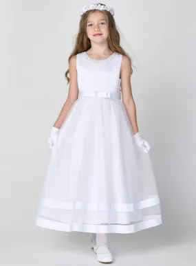 First Communion Dress Satin Bodice with Glitter Skirt Double Satin Band Trim  LNKSP717