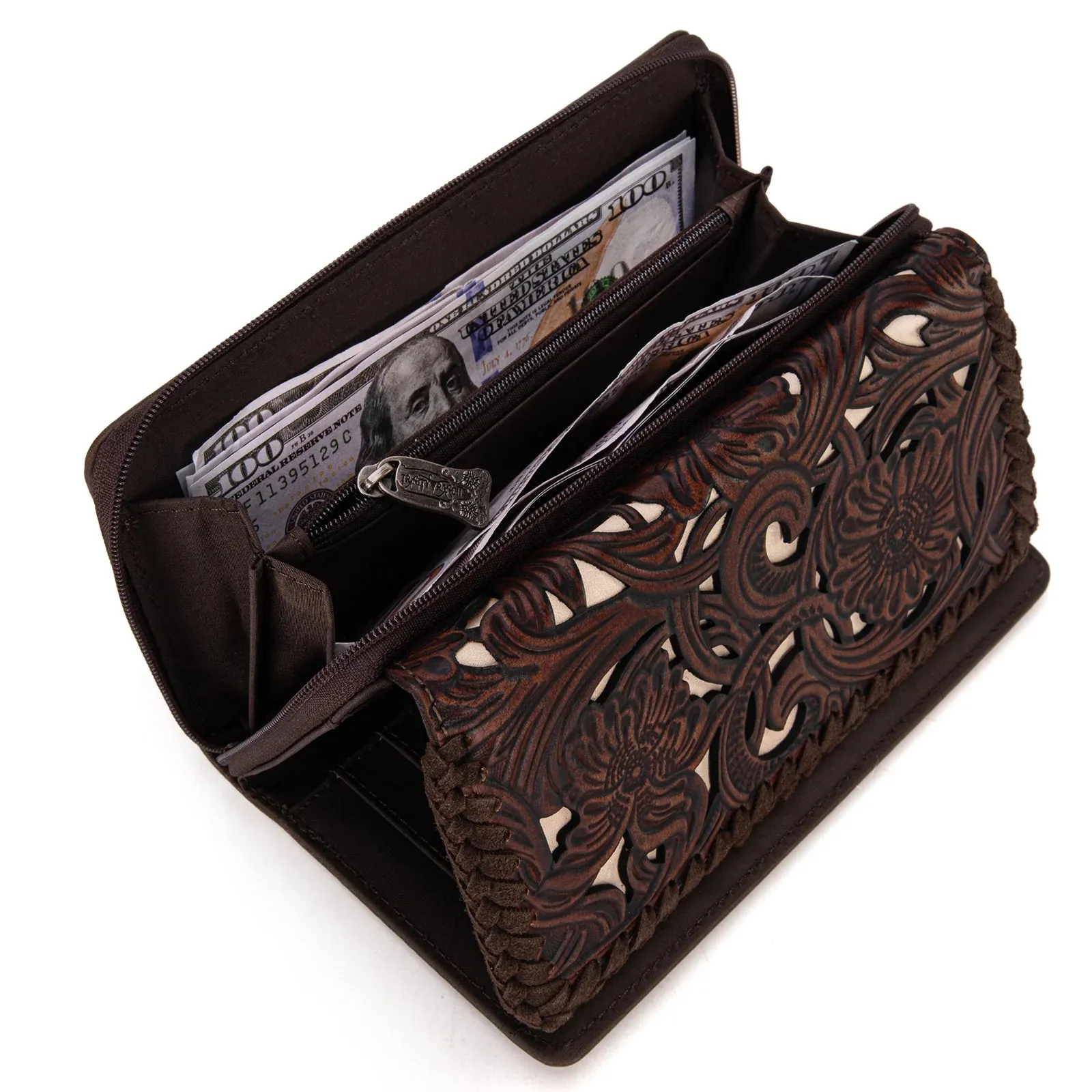 Floral Tooled Wallet - Coffee