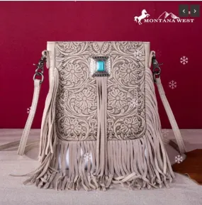 Genuine Tooled Silver Turquoise Concho Fringed Crossbody