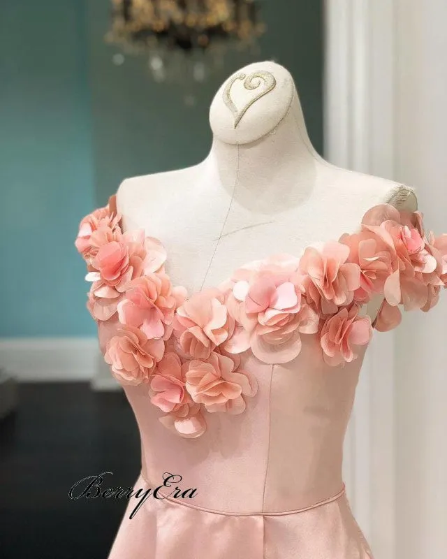 Gorgeous Baby Pink Handmade Flowers Prom Dresses, Cheap Prom Dresses