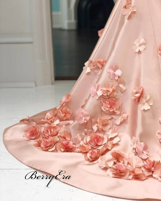 Gorgeous Baby Pink Handmade Flowers Prom Dresses, Cheap Prom Dresses