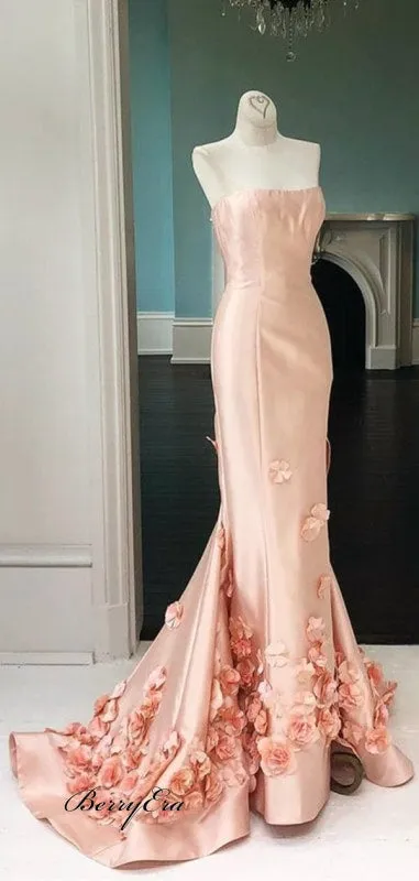 Gorgeous Baby Pink Handmade Flowers Prom Dresses, Cheap Prom Dresses